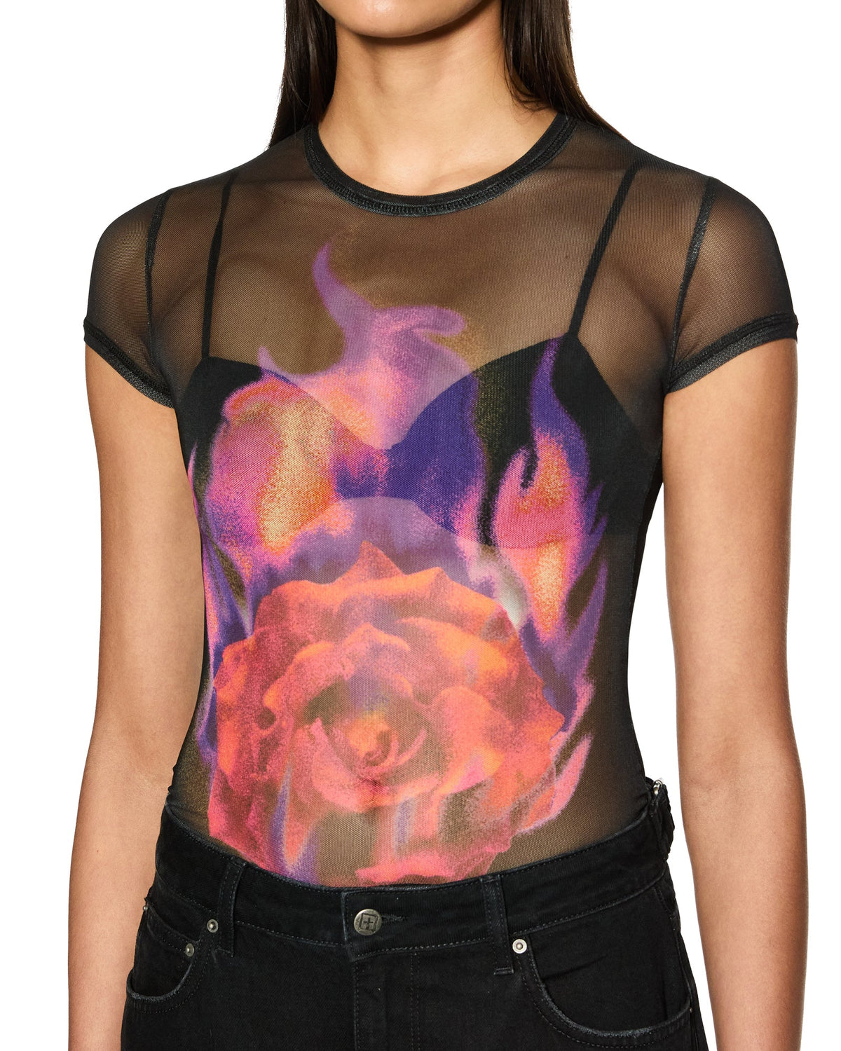 Womens Ablaze Mesh Ss Tee Black Fitted Fashion Tops - Black