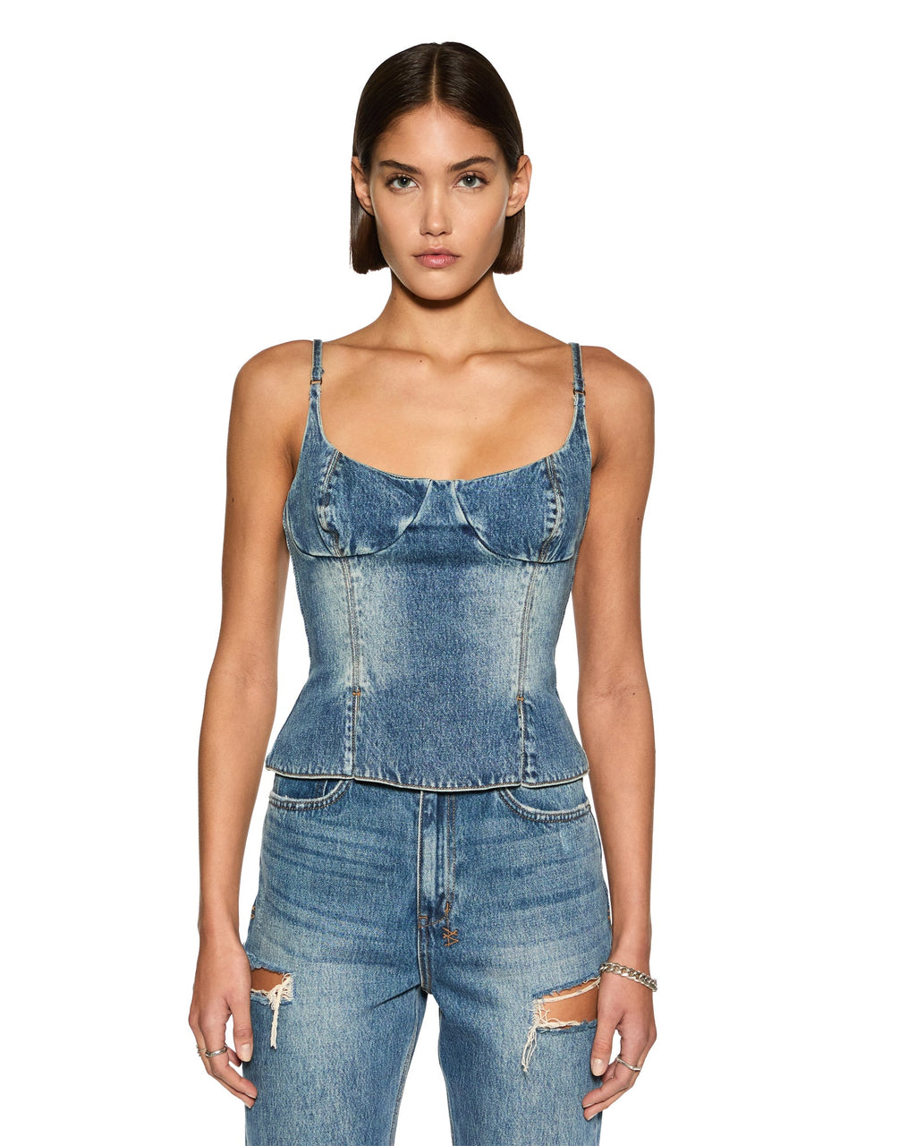 Womens Athena Bustier Aged Fitted Fashion Tops - Denim