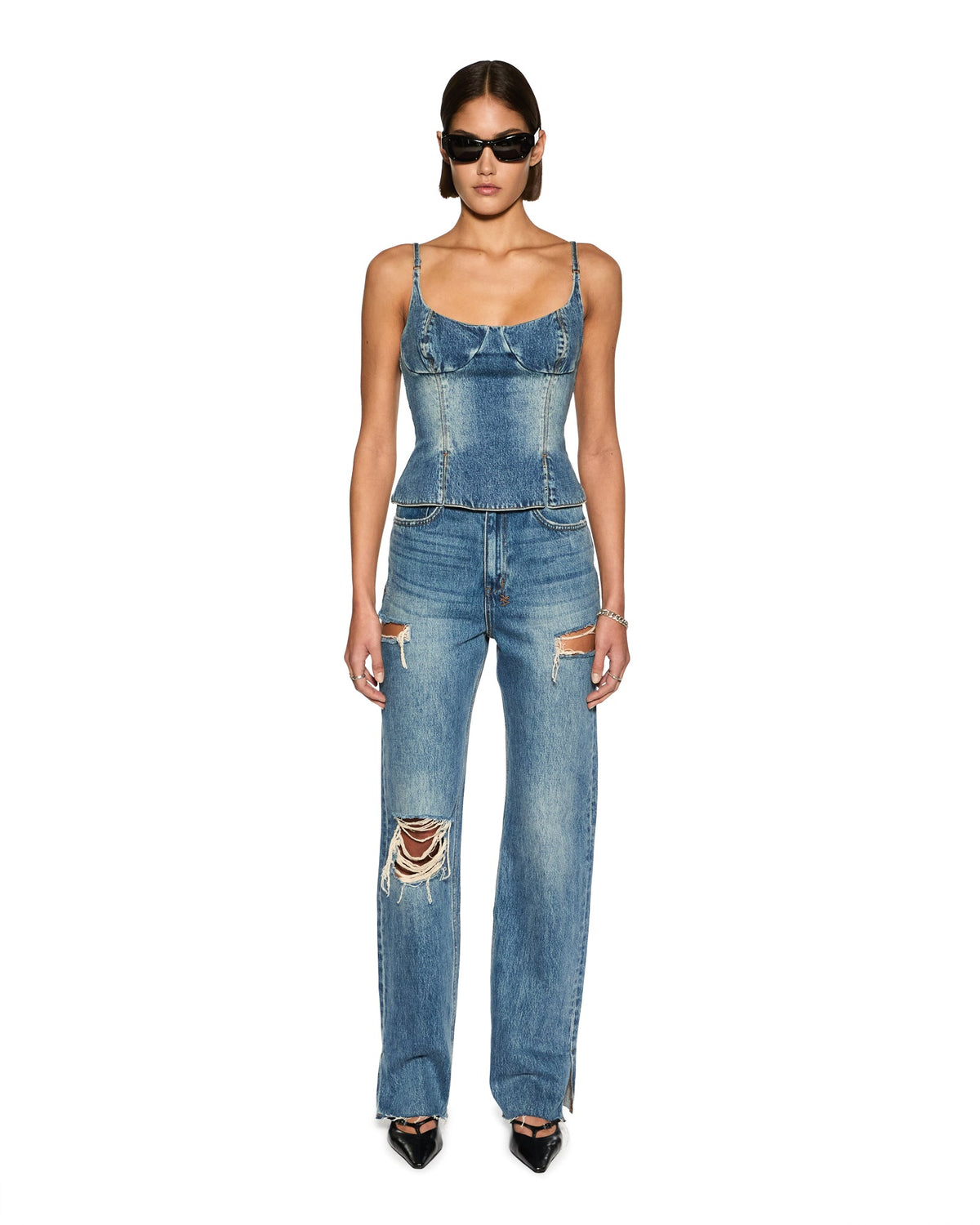 Womens Athena Bustier Aged Fitted Fashion Tops - Denim