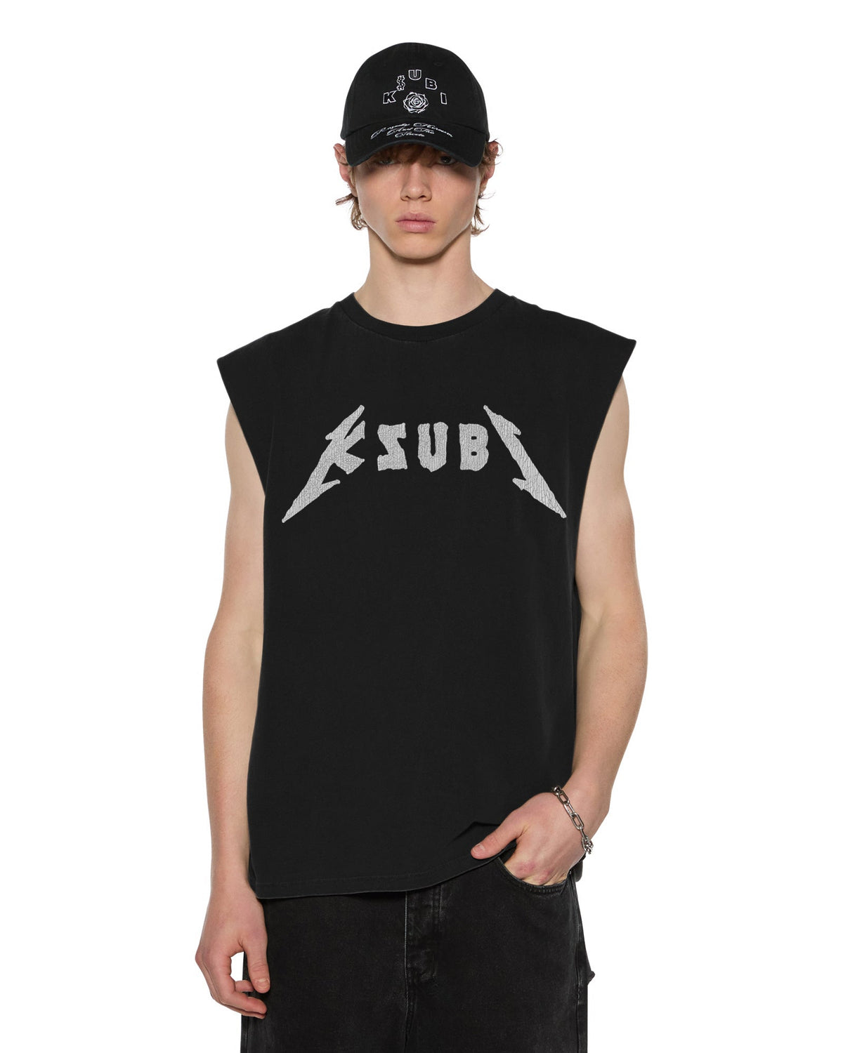 Mens Line Up Ekcess Cut Off Tee Jet Black Oversized Tees - Black