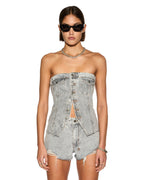Womens Retro Bustier Dime Krystal Fitted Fashion Tops - Grey
