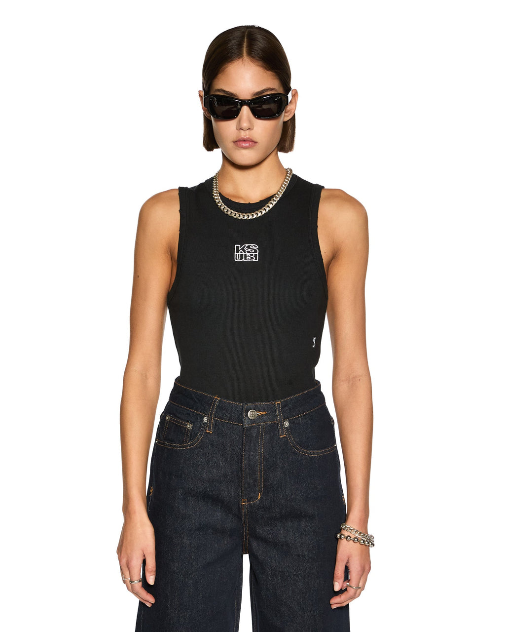 Womens Stacked Syndicate Tank Xtra Black Fitted Fashion Tops - Black