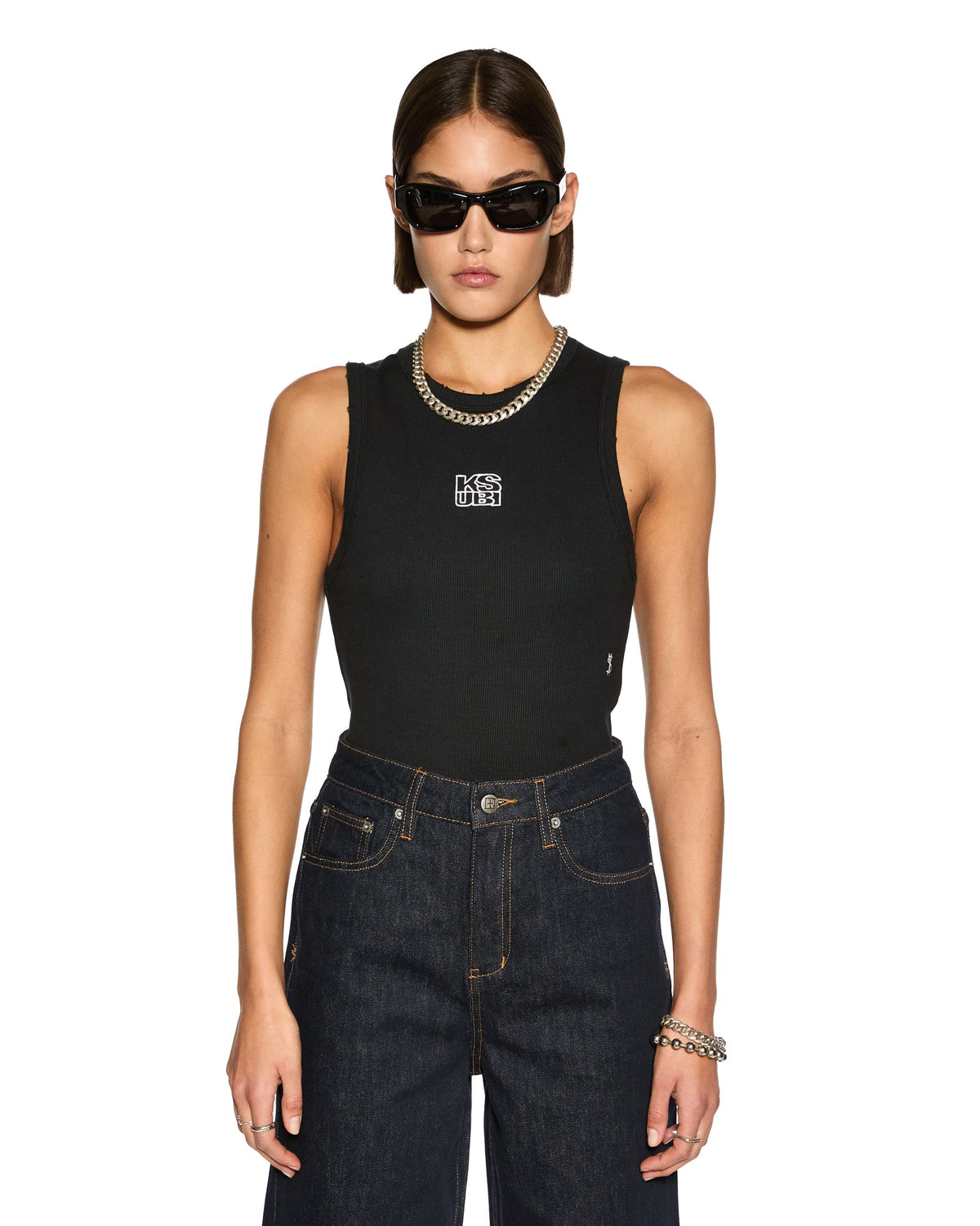 Womens Stacked Syndicate Tank Xtra Black Fitted Fashion Tops - Black