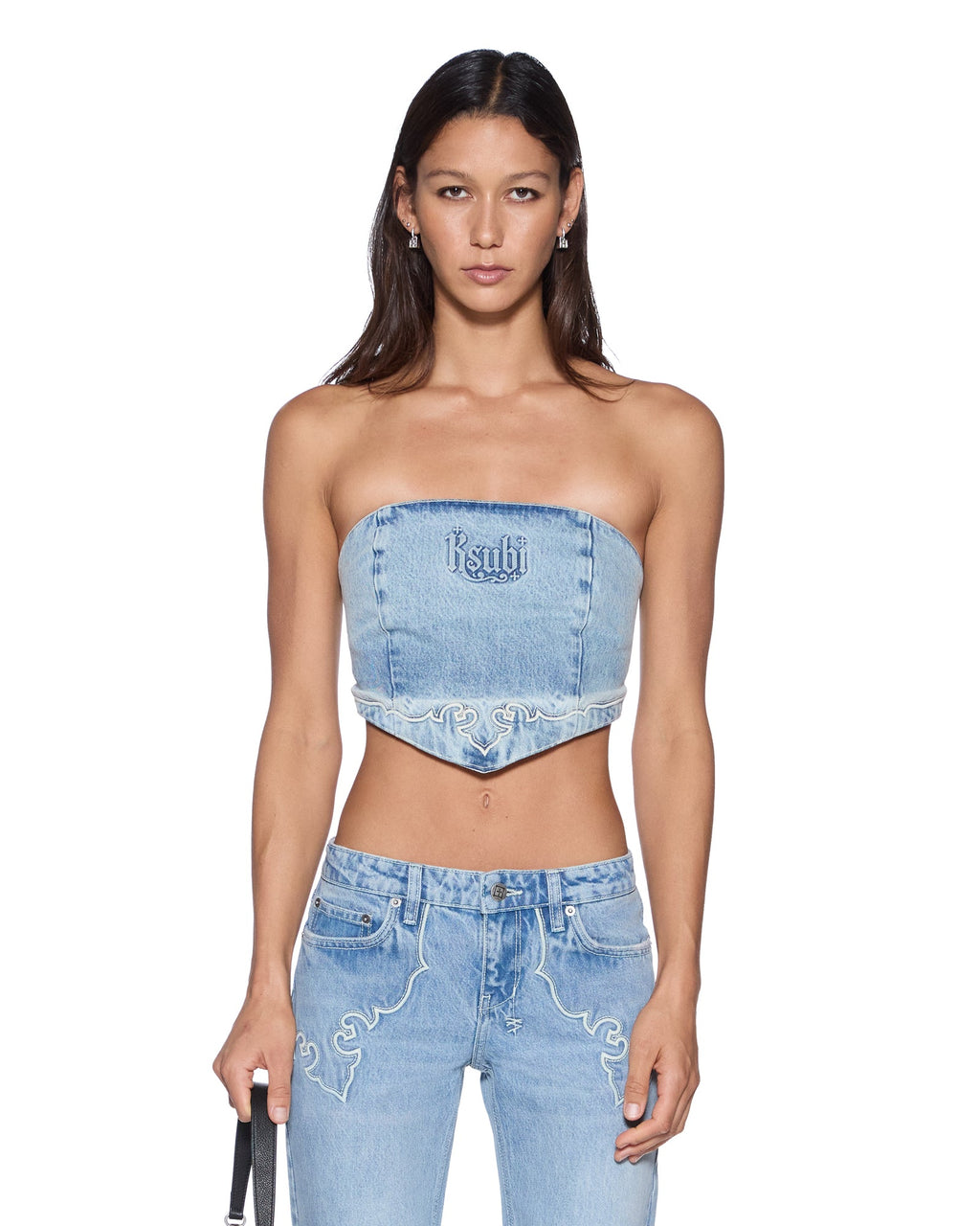 Womens Scarf Top Krystal Western Fitted Fashion Tops - Denim