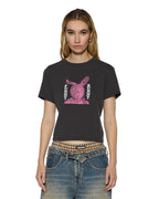 Womens Funny Bunny Shrunken Ss Tee Washed Black Fitted Tees - Grey