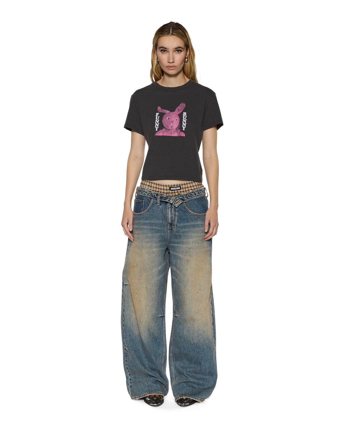 Womens Funny Bunny Shrunken Ss Tee Washed Black Fitted Tees - Grey