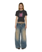 Womens Funny Bunny Shrunken Ss Tee Washed Black Fitted Tees - Grey