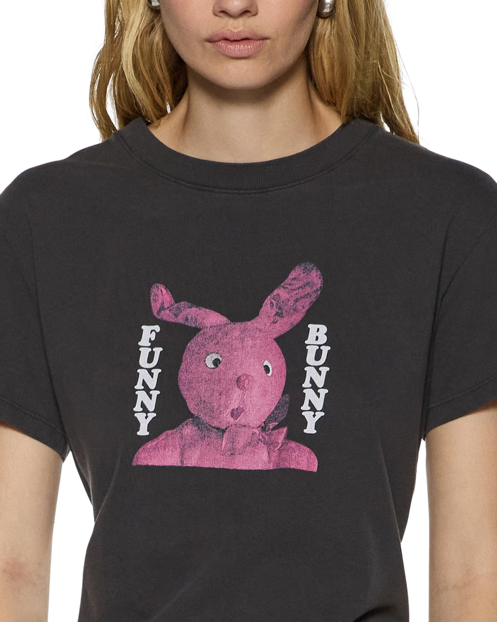 Womens Funny Bunny Shrunken Ss Tee Washed Black Fitted Tees - Grey