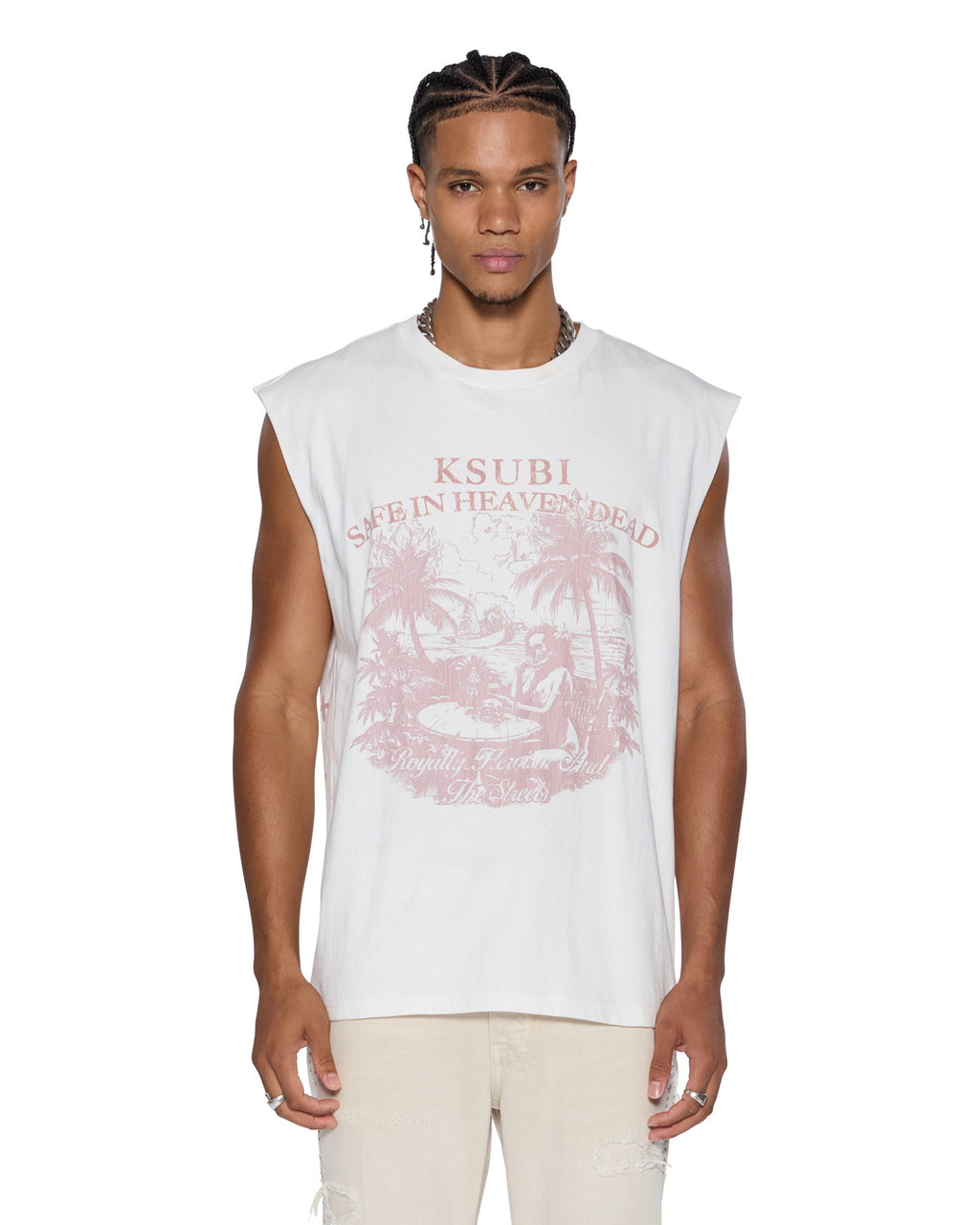 Mens Paradiso Cut Off Tee Vintage White Regular Tees - White
