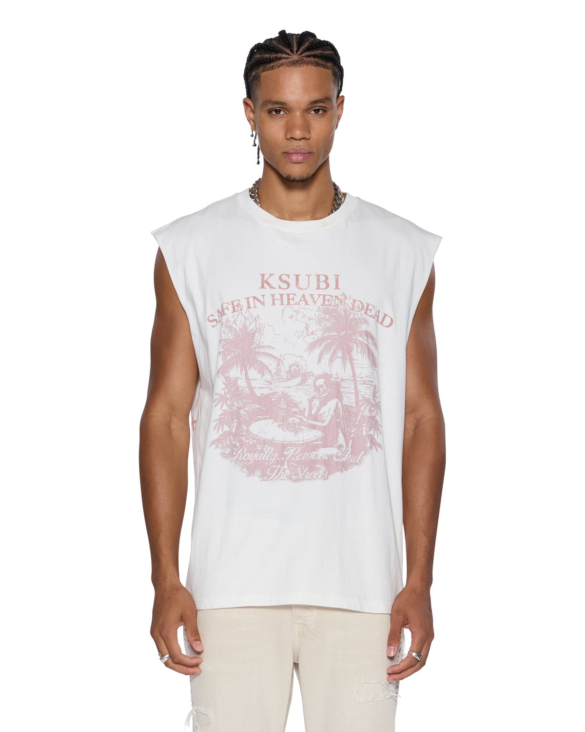 Mens Paradiso Cut Off Tee Vintage White Regular Tees - White