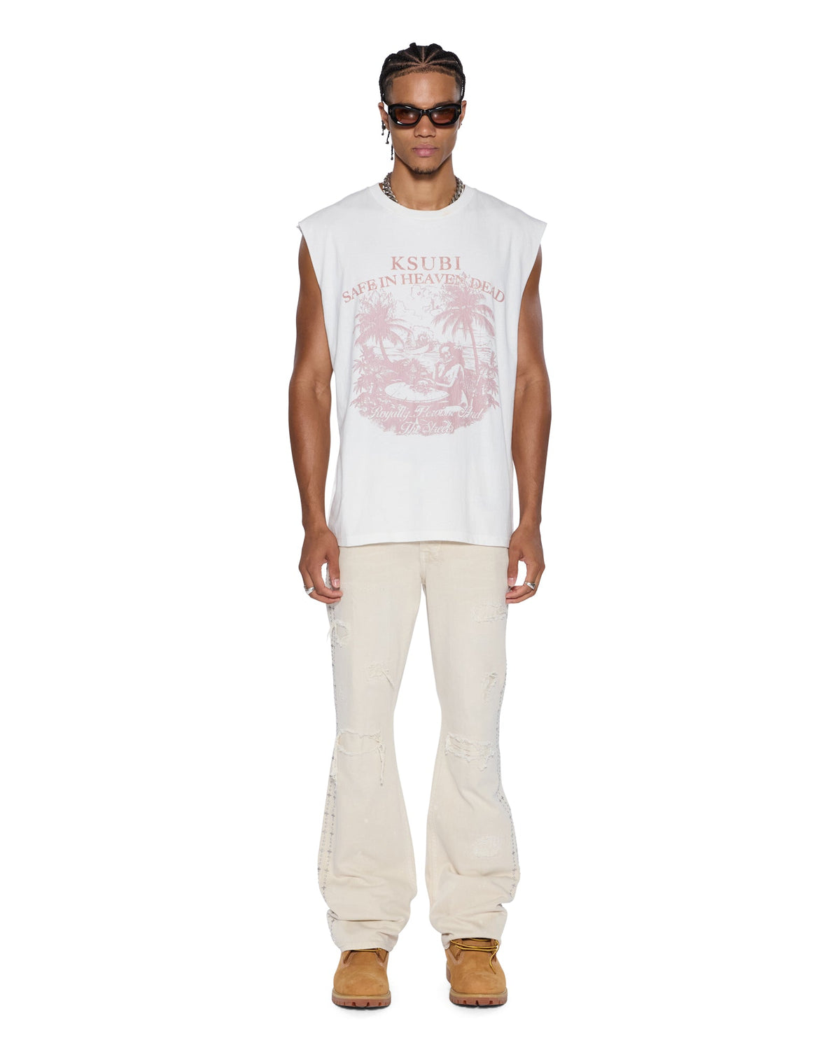 Mens Paradiso Cut Off Tee Vintage White Regular Tees - White