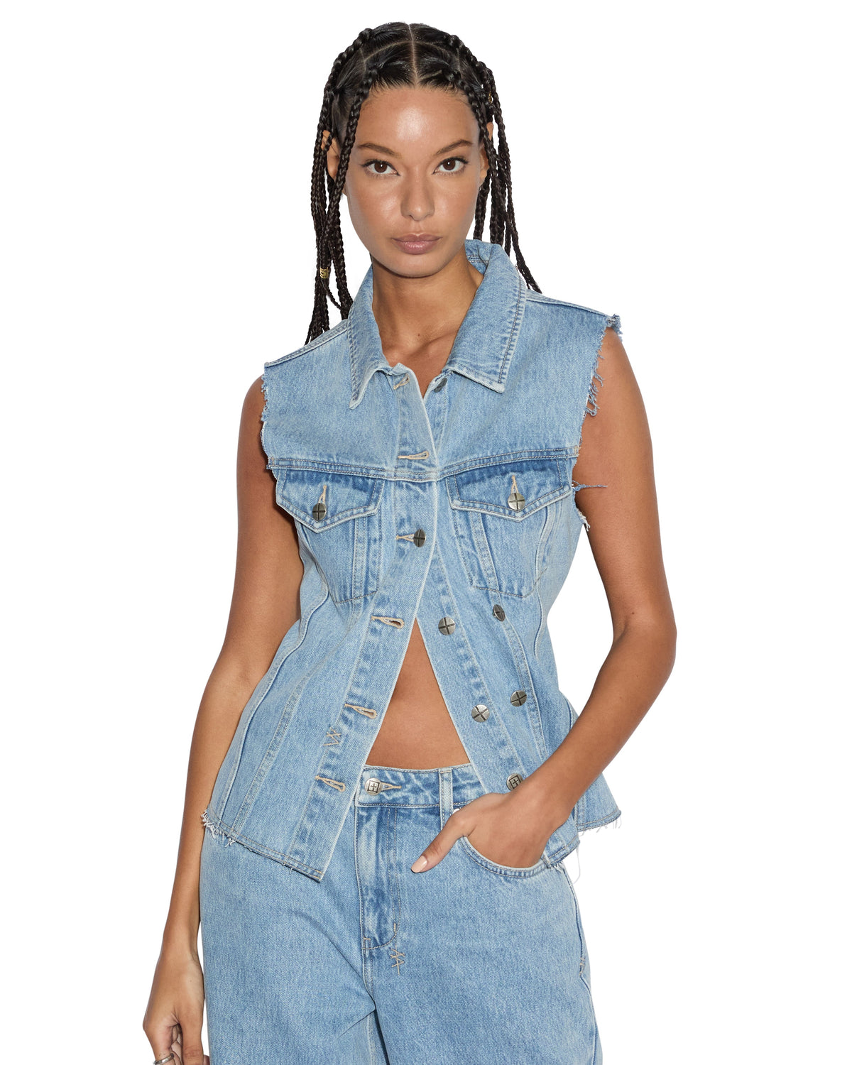 Womens Spark Vest Torn Up Fitted Fashion Tops - Denim