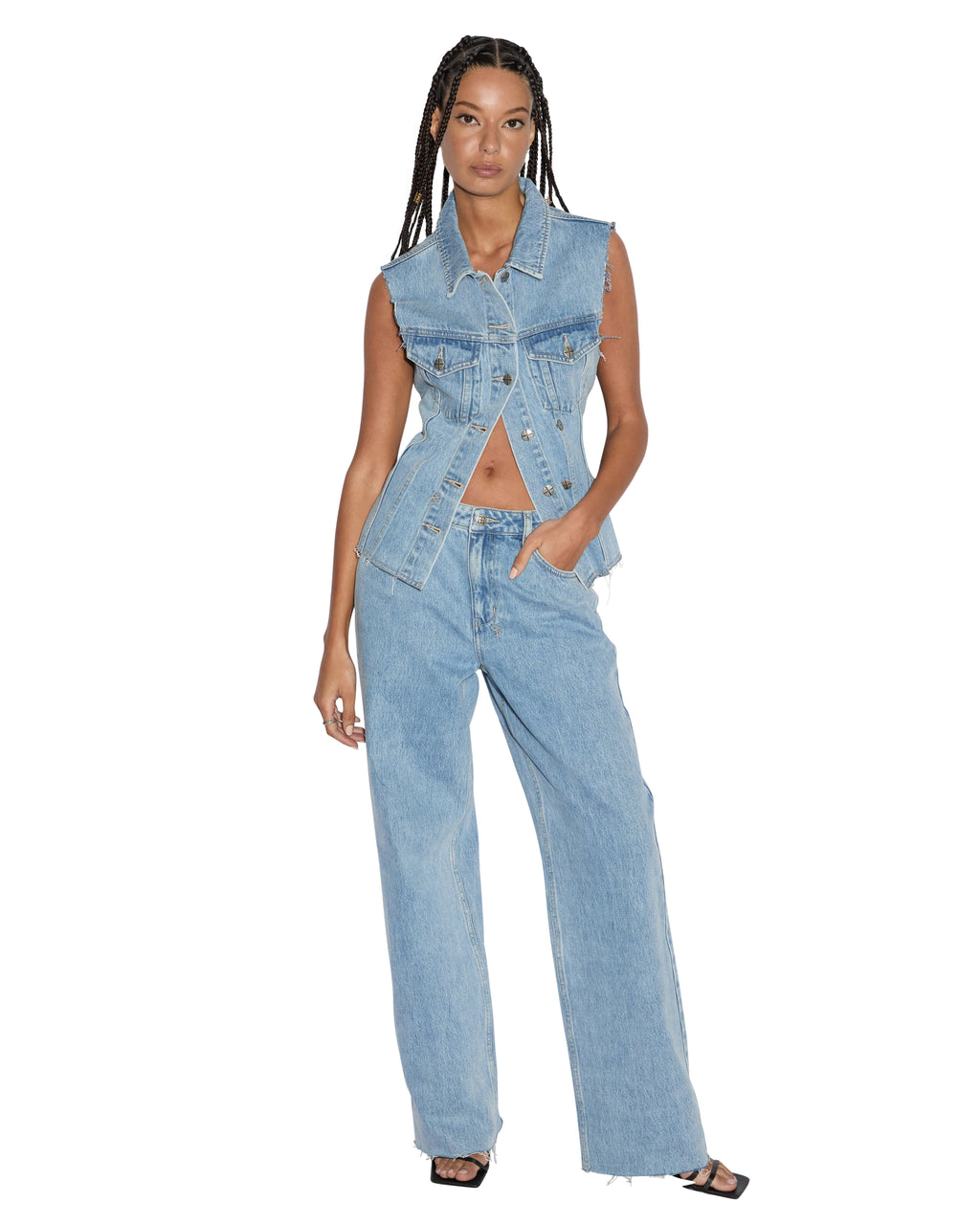 Womens Spark Vest Torn Up Fitted Fashion Tops - Denim