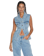 Womens Spark Vest Torn Up Fitted Fashion Tops - Denim
