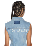 Womens Spark Vest Torn Up Fitted Fashion Tops - Denim