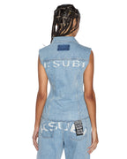Womens Spark Vest Torn Up Fitted Fashion Tops - Denim