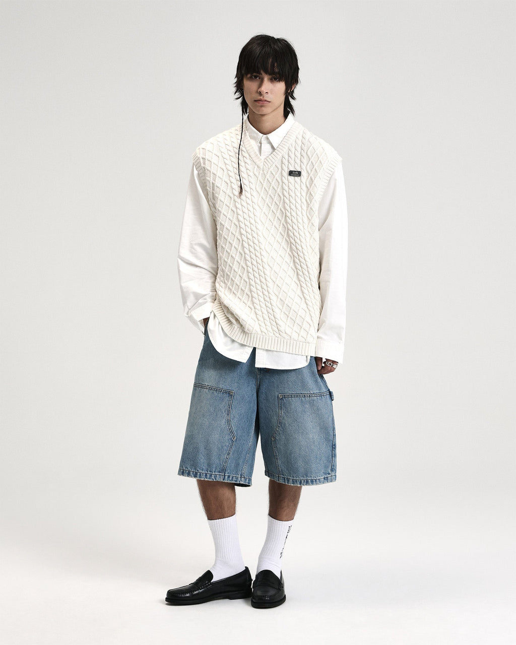 Mens Turncable Knit Vest Vintage White Oversized Knitwear - White
