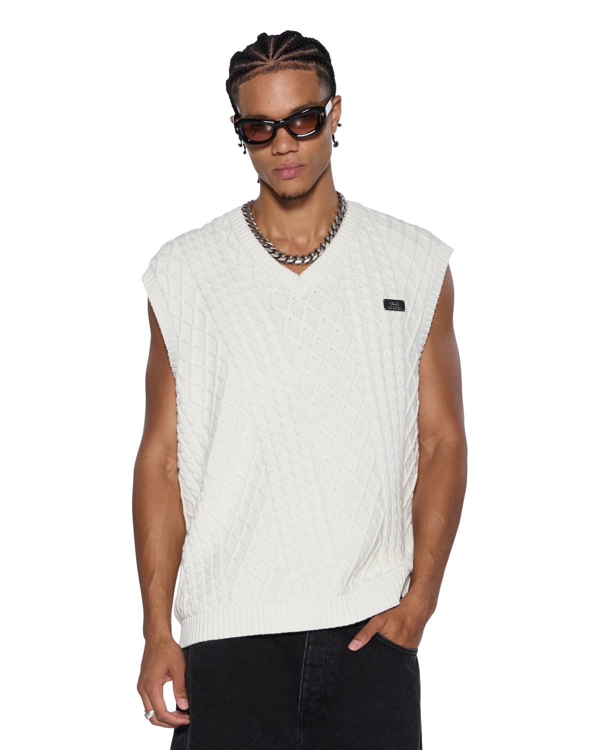 Mens Turncable Knit Vest Vintage White Oversized Knitwear - White