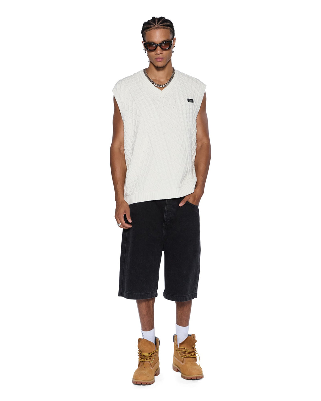 Mens Turncable Knit Vest Vintage White Oversized Knitwear - White