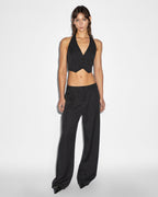 Womens Rebel Waistcoat Pinstripe Fitted Fashion Tops - Black