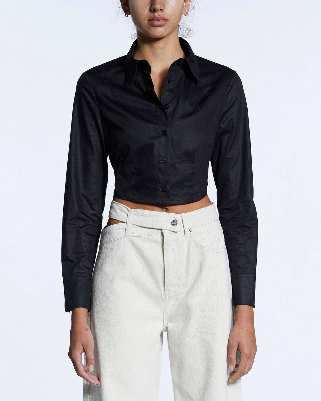 Womens Tucked Crop Shirt Black Fitted Shirts - Black