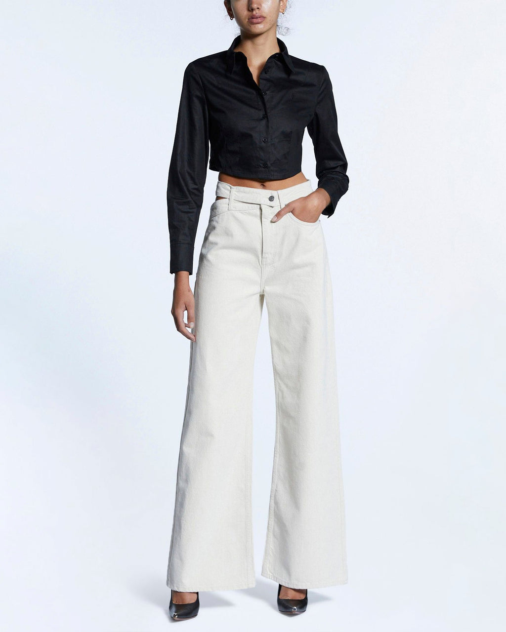Womens Tucked Crop Shirt Black Fitted Shirts - Black